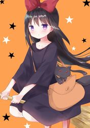  akemi_homura bag black_hair blush bow broom broom_riding brown_footwear carrying closed_mouth commentary cosplay dress female hairbow halloween halloween_costume jiji_(majo_no_takkyuubin) jiji_(majo_no_takkyuubin)_(cosplay) kiki_(majo_no_takkyuubin) kiki_(majo_no_takkyuubin)_(cosplay) kyuubee light_frown long_hair looking_at_viewer mahou_shoujo_madoka_magica mahou_shoujo_madoka_magica_(anime) majo_no_takkyuubin medium_dress orange_background purple_eyes red_bow satchel shoes short_sleeves solo starry_background symbol-only_commentary tsubaki_(tatajd) 