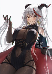  aegir_(azur_lane) azur_lane bare_shoulders black_gloves blush bodystocking breast_curtains breasts cape corset covered_navel cross cross-laced_clothes elbow_gloves female gloves hair_on_horn highres horns iron_cross jori large_breasts multicolored_hair parted_lips red_cape red_hair simple_background smile solo streaked_hair two-tone_hair underbust white_background white_hair 