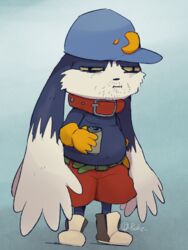  3:4 alcohol anthro bandai_namco beer belt beverage beverage_can boke_(artist) bottomwear clothing collar domestic_cat facial_hair felid feline felis hat headgear headwear klonoa klonoa_(series) long_ears male mammal overweight overweight_anthro overweight_male shorts solo yellow_eyes 