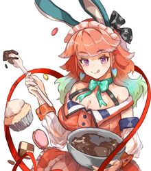  adapted_costume animal_ears apron aqua_bow aqua_hair bird bow bowl bowtie breasts chocolate cleavage cupcake detached_sleeves earrings eyebrows fake_animal_ears female food heart heart_earrings heart_ribbon hololive hololive_english jewelry large_breasts licking_lips long_hair maid_headdress multicolored_hair orange_hair rabbit_ears suna_hika takanashi_kiara takanashi_kiara_(1st_costume) tongue tongue_out unfinished valentine virtual_youtuber white_background 