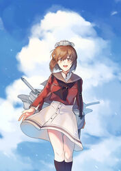  absurdres black_socks blue_sky brown_eyes brown_hair brown_neckerchief chinese_commentary cloud commentary_request dress feet_out_of_frame female grey_sailor_collar hair_ornament hairclip headgear highres kantai_collection kneehighs looking_at_viewer machinery nan_(nanyayyay) neckerchief red_shirt sailor_collar sailor_dress sailor_shirt shirt short_hair sky socks solo tan_yang_(kancolle) white_dress yukikaze_(kancolle) 