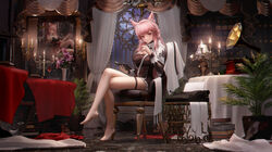  absurdres alcohol animal_ears arknights barefoot book breasts candle candlestand chair cleavage crossed_legs cup drinking_glass feet female flower hairband highres holding holding_notebook lamp legs ling_dianxia long_hair looking_at_viewer notebook open_book parted_lips phonograph pink_eyes pink_hair plant portrait_(object) potted_plant pozyomka_(arknights) pozyomka_(snowy_plains_in_words)_(arknights) sitting table toes typewriter wine wine_glass 