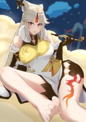  barefoot breasts china_dress chinese_clothes dress elbow_gloves feet female genshin_impact gloves hair_ornament highres looking_at_viewer ningguang_(genshin_impact) red_eyes smile smodzz998 smoking_pipe solo toes white_hair 