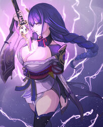  armor braid breasts bridal_gauntlets cleavage coattails commentary electricity english_commentary female genshin_impact hair_ornament highres holding holding_sword holding_weapon human_scabbard japanese_clothes katana kimono large_breasts light_particles long_hair long_sleeves looking_at_viewer mitsudomoe_(shape) moppo obi obiage obijime open_mouth purple_background purple_eyes purple_hair raiden_shogun ribbon sash shoulder_armor simple_background solo sword tassel thighhighs tomoe_(symbol) weapon wide_sleeves 