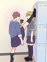  2girls blonde_hair blue_eyes brown_eyes brown_hair curryuku flower foot_kabedon hanna_schulerin holding holding_flower kabedon locker locker_foot_kabedon_(meme) meme multiple_girls not_so_shoujo_love_story rei_(not_so_shoujo_love_story) sparkle split standing standing_on_one_leg standing_split yuri 