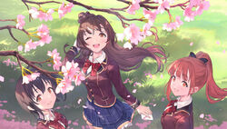  3girls ahoge black_bow blazer blue_skirt blush bow bowtie branch brown_eyes brown_hair cherry_blossoms collar day flower grass grey_hair hairbow highres holding holding_letter idolmaster idolmaster_cinderella_girls igarashi_kyoko jacket kohinata_miho letter long_hair love_letter_(idolmaster) multiple_girls one_eye_closed orange_eyes outdoors petals pink_check_school_(idolmaster) plaid_neckwear pleated_skirt ponytail red_bow red_bowtie red_jacket ruien_(wu_jui-en) school_uniform shimamura_uzuki short_hair skirt smile spring_(season) striped striped_bow tree white_collar 