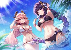  2girls absurdres animal_ears armpits blush braid breasts choker cleavage earrings food fox_ears front-tie_top genshin_impact hair_between_eyes hair_ornament hayun highres jewelry large_breasts long_hair looking_at_viewer low-braided_long_hair low-tied_long_hair mole mole_under_eye multiple_girls navel outdoors panties pink_hair popsicle purple_eyes purple_hair raiden_shogun side-tie_panties smile swimsuit tassel thighs underwear very_long_hair wading wet yae_miko 