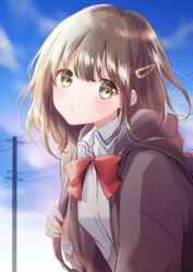  backpack bag black_hoodie blue_sky blurry blurry_background bow bowtie brown_eyes brown_hair carrying cloud commentary day expressionless female hair_ornament hairclip head_tilt highres holding_strap hood hood_down hoodie hoshiibara_mato leaning_forward looking_at_viewer open_clothes open_hoodie original outdoors power_lines red_bow red_bowtie school_bag school_uniform shirt short_hair sky solo upper_body utility_pole white_shirt 