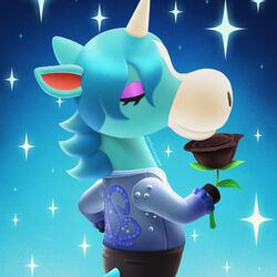  1boy animal_crossing animal_ears black_flower black_pants black_rose blue_background blue_hair blue_shirt butterchickenbutt closed_eyes closed_mouth commentary english_commentary eyeshadow flower frilled_sleeves frills furry furry_male hand_on_own_hip holding holding_flower horns horse_boy horse_ears horse_tail instagram_username julian_(animal_crossing) long_hair long_sleeves makeup making-of_available male_focus mane pants profile rose shirt single_horn smelling_flower solo sparkle tail unicorn upper_body 