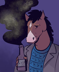  2019 alcohol anthro beer beverage black_mane blue_clothing blue_sweater blue_topwear bojack_horseman bojack_horseman_(character) bottle clothing container diamond_(marking) equid equine facial_markings head_markings hi_res horse ink_pocket jacket male mammal mane markings netflix solo star sweater topwear 