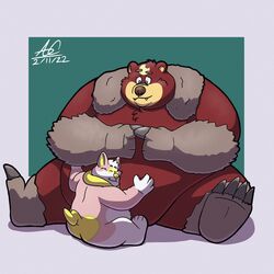  1:1 2022 anthro ass bear belly biped brown_body brown_nose closed_eyes cute_fangs duo generation_8_pokemon hi_res hug mammal marshmallowpupy nintendo obese overweight pokemon pokemon_(species) pokemon_legends_arceus shiny_pokemon sitting ursaluna yamper 