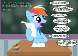  apple badumsquish chalkboard desk dialogue english_text equid equine female food friendship_is_magic fruit furniture hair hasbro hi_res horse humor mammal multicolored_hair my_little_pony paper plant pony prank pun purple_hair rainbow_dash_(mlp) rainbow_hair solo table text zap_apple 