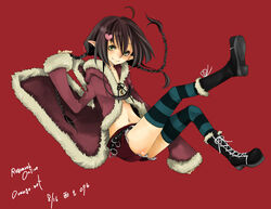  ahoge belt black_belt black_footwear black_thighhighs blue_thighhighs blush boots braid brown_hair closed_mouth commentary_request copyright_name dated female flat_chest full_body fur-trimmed_jacket fur-trimmed_shorts fur_trim green_eyes hair_between_eyes hair_ornament heart heart_hair_ornament jacket long_hair long_sleeves looking_at_viewer navel pointy_ears ragnarok_online red_background red_jacket red_shorts rogue_(ragnarok_online) short_shorts shorts simple_background smile solo striped_clothes striped_thighhighs thighhighs twin_braids twintails yutsuki 