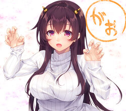  alternate_breast_size black_hairband breasts brown_hair fake_horns female hairband horns kantai_collection kisaragi_(kancolle) kisaragi_(setsubun_mode)_(kancolle) large_breasts long_hair long_sleeves oerba_yun_fang official_alternate_costume open_mouth purple_eyes sidelocks solo sweater upper_body white_sweater yayoi_and_nagi 