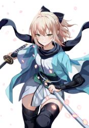  absurdres ahoge black_bow black_sash black_scarf black_thighhighs blonde_hair bow commentary_request cowboy_shot fate/grand_order fate_(series) female grey_eyes ha_en hair_between_eyes hairbow haori highres holding holding_sword holding_weapon japanese_clothes katana kimono looking_at_viewer obi okita_souji_(fate) okita_souji_(koha-ace) sash scabbard scarf sheath shinsengumi short_hair short_kimono simple_background solo sword thighhighs thighs weapon white_background white_kimono zettai_ryouiki 