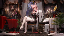  absurdres alcohol animal_ears arknights book breasts candle candlestand chair cleavage crossed_legs cup drinking_glass feet female flower hairband highres holding holding_notebook lamp legs ling_dianxia long_hair looking_at_viewer no_shoes notebook open_book pantyhose parted_lips phonograph pink_eyes pink_hair plant portrait_(object) potted_plant pozyomka_(arknights) pozyomka_(snowy_plains_in_words)_(arknights) sitting table toes typewriter white_pantyhose wine wine_glass 