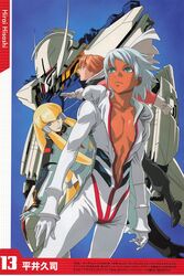  1boy 2girls abs artist_name blonde_hair blue_eyes blue_lips brown_hair dark_skin dianna_soreil floating_hair gloves gundam gundam_ace highres hirai_hisashi long_hair looking_up loran_cehack mecha multiple_girls official_art open_mouth pilot_suit red_eyes redesign robot scan science_fiction sochie_heim third-party_source turn_a_gundam turn_a_gundam_(mobile_suit) very_long_hair white_hair 