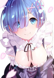  black_ribbon blue_eyes blue_hair blush breasts cleavage commentary detached_sleeves eyes_visible_through_hair female frills hair_ornament hair_over_one_eye hair_ribbon iwanishi large_breasts looking_at_viewer maid photoshop_(medium) pink_ribbon re:zero_kara_hajimeru_isekai_seikatsu rem_(re:zero) ribbon roswaal_mansion_maid_uniform short_hair simple_background smile solo white_background x_hair_ornament 