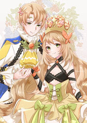  1boy alfred_(fire_emblem) ascot blonde_hair bow brooch brother_and_sister celine_(fire_emblem) commentary crown dress female fire_emblem fire_emblem_engage flower green_bow green_eyes hair_flower hair_ornament highres holding_hands jewelry long_hair long_sleeves looking_at_viewer pink_flower shirt short_hair siblings sleeveless sleeveless_dress smile very_long_hair white_shirt yellow_ascot yellow_dress yutohiroya 