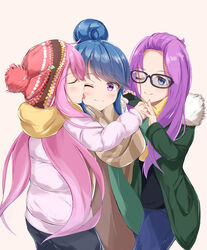  3girls absurdres bad_id bad_pixiv_id bangs_pinned_back blue_hair blush closed_eyes coat commentary girl_sandwich glasses hair_bun highres kagamihara_nadeshiko kagamihara_sakura licking licking_another&#039;s_face long_hair looking_at_another multiple_girls one_eye_closed pink_hair purple_eyes purple_hair sandwiched scarf shima_rin siblings simple_background single_hair_bun sisters smile sweatdrop tongue very_long_hair winter_clothes ysys_(goodeveeeenings) yuri yurucamp 