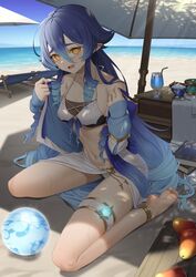  alternate_costume anklet bags_under_eyes ball bare_shoulders barefoot beach beach_umbrella bikini blue_hair book book_stack breasts commentary cup cupping_glass drinking_glass feet female genshin_impact hair_between_eyes highres jacket jewelry layla_(genshin_impact) legs long_hair looking_at_viewer meda medium_breasts navel ocean off_shoulder open_clothes open_jacket open_mouth outdoors pointy_ears sand sarong sitting soles solo stomach sunsettia_(genshin_impact) swimsuit thighlet thighs toes umbrella very_long_hair vision_(genshin_impact) wariza water white_bikini yellow_eyes 