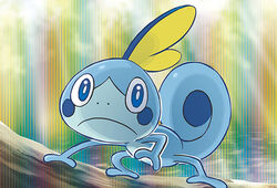  ariga_hitoshi blue_eyes closed_mouth creature frown full_body gen_8_pokemon legs_apart no_humans official_art pokemon pokemon_(creature) pokemon_trading_card_game sobble solo standing 