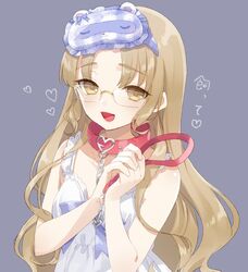  blush bow brown_eyes brown_hair chain_leash chains collar dress female glasses heart holding holding_leash holding_own_leash leash long_hair looking_at_viewer mamiya_mao_(artist) mask mask_on_head nijisanji offering_leash official_alternate_costume open_mouth pajamas purple_bow red_collar simple_background sister_claire sister_claire_(7th_costume) sleep_mask sleeveless smile solo upper_body virtual_youtuber white_dress 