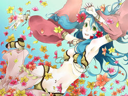  arm_up armpits bikini black_footwear blue_hair blush bracelet breasts commentary_request detached_sleeves female flower full_body gem green_eyes gypsy_(ragnarok_online) hair_between_eyes hair_flower hair_ornament harem_pants jewelry long_hair looking_at_viewer medium_breasts navel navel_piercing necklace open_mouth orange_flower pants piercing pink_flower pink_pants ragnarok_online red_flower red_sleeves sandals smile solo strapless strapless_bikini swimsuit yellow_bikini yellow_flower yutsuki 