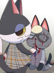  2boys :&lt; :3 animal_crossing animal_ears animal_feet animal_hands animal_nose artist_name bare_shoulders black-framed_eyewear black_eyes black_fur bleeding blonde_hair blood blood_from_mouth blood_on_clothes blood_on_face blood_on_hands blue_necktie body_fur boke-chan bottomless broken_eyewear bruise bruised_eye buttons cat_boy cat_ears cat_tail closed_mouth colored_sclera commentary from_behind furry furry_male glasses gradient_background grey_fur grey_shirt half-closed_eyes hand_up injury kneeling long_sleeves looking_at_viewer looking_back male_focus multiple_boys necktie nosebleed open_mouth pawpads pince-nez plaid plaid_shirt pocket punchy_(animal_crossing) purple_vest raymond_(animal_crossing) shirt short_hair signature simple_background sleeveless sleeveless_shirt standing swept_bangs tail tail_raised trembling twitter_username two-tone_fur vest whiskers white_background white_fur yellow_sclera 