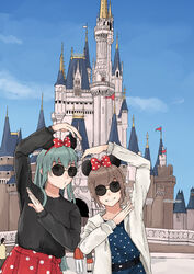  2girls alternate_costume aqua_eyes aqua_hair black_hair black_sweater blue_dress blue_sky castle cloud commentary_request day disneyland dress fubuki_(kancolle) fubuki_(spring_mode)_(kancolle) green_eyes hair_ornament hairclip heart_arms_duo highres hood hooded_jacket hoodie jacket kantai_collection long_hair looking_at_viewer minnie_mouse_ears multiple_girls nakano_kiho official_alternate_costume one_eye_closed outdoors polka_dot polka_dot_dress polka_dot_skirt pose sidelocks skirt sky sunglasses suzuya_(kancolle) sweater white_jacket 