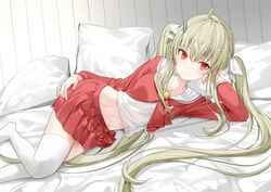  ahoge closed_mouth collared_shirt commission crop_top female green_hair groin hair_ornament hair_ribbon hairclip korean_commentary long_hair long_sleeves looking_at_viewer lying midriff miniskirt navel no_shoes on_bed on_side original pillow pixiv_commission pleated_skirt pointy_ears red_eyes red_shirt red_skirt ribbon ronopu shirt sidelocks skirt smile solo stomach thighhighs very_long_hair white_shirt white_thighhighs zettai_ryouiki 