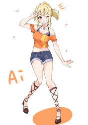  absurdres alternate_costume anbasa_(amaneyuz13) arm_at_side blonde_hair brown_eyes character_name collarbone crop_top d&#039;orsay_heels denim denim_shorts eyelashes female full_body gladiator_heels grin halterneck high_ponytail highres jewelry legs long_hair love_live! love_live!_nijigasaki_high_school_idol_club miyashita_ai navel necklace off-shoulder_shirt off_shoulder one_eye_closed orange_shirt shirt shorts simple_background smile solo sparkle star_(symbol) star_necklace v_over_eye white_background 