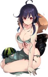  bikini black_hair defeat female food fruit full_body green_sarong hat kantai_collection kujou_ichiso long_hair official_art print_sarong red_eyes ryuuhou_(kancolle) ryuuhou_kai_ni_(kancolle) sarong solo source_request sun_hat swimsuit taigei_(kancolle) torn_clothes torn_sarong transparent_background watermelon 