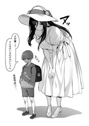  1boy 2ch backpack bag black_hair breasts cellphone commentary_request dress female hasshaku-sama hat height_difference highres holding holding_phone huge_breasts long_hair monochrome phone randoseru short_hair smartphone sun_hat takoneru tall_female translation_request urban_legend white_dress 