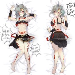  alpaca_carlesi armpits arms_up ass barefoot bed_sheet belt blue_hair body_markings breasts circlet commission dakimakura_(medium) english_text feathers female frills highres horns lips looking_at_viewer midriff multiple_views pixel_valepha_arbess red_eyes resolem short_hair single_horn skirt small_breasts suspenders suspenders_hanging tattoo underboob watermark 