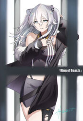  animal_ears bad_id bad_pixiv_id black_jacket breasts ear_piercing english_text female fur_trim grey_eyes grey_hair hand_on_own_chest highres hololive hz_(helu_2) jacket lion_ears long_hair looking_at_viewer medium_breasts off_shoulder parted_lips piercing shishiro_botan shishiro_botan_(1st_costume) solo torn_clothes two_side_up virtual_youtuber 