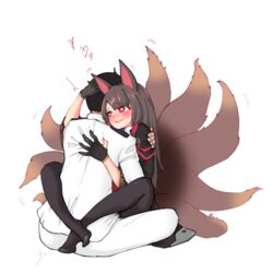  1boy akagi_(azur_lane) animal_ears azur_lane black_gloves black_hair black_legwear blush brown_hair commander_(azur_lane) commentary_request couple elflorri eyeliner eyeshadow female fox_ears fox_tail gloves hand_on_another&#039;s_back hand_on_another&#039;s_head hand_on_another&#039;s_shoulder heart heart-shaped_pupils hug kitsune korean_commentary leg_lock makeup multiple_tails open_mouth pantyhose partially_fingerless_gloves red_eyes straddling straight symbol-shaped_pupils tail teeth upper_teeth_only 