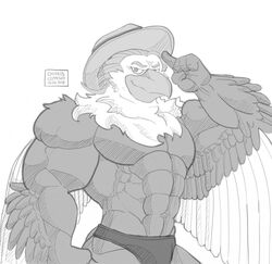  abs accipitrid accipitriform anthro avian beak biceps bird chirros clothing cowboy_hat eagle feathers hat headgear headwear hi_res lifewonders male monochrome muscular muscular_anthro muscular_male pecs solo speedo superhero swimwear thunderbird_(tas) tokyo_afterschool_summoners wings 