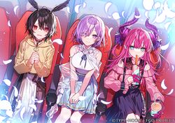  3girls alternate_costume aqua_eyes belt black_bow black_hair blue_skirt bow breasts churro collar cup curled_horns disposable_cup drinking_straw dutch_angle eating elizabeth_bathory_(fate) elizabeth_bathory_(fate/extra_ccc) eyes_visible_through_hair fate/extra fate/extra_ccc fate/grand_order fate_(series) feather_hair finger_cots food food_on_face hair_over_one_eye hair_ribbon hanagata hands_on_lap hood hoodie horns long_hair long_sleeves mash_kyrielight medium_breasts movie_theater multiple_girls off-shoulder_shirt off_shoulder official_alternate_costume official_art open_mouth ortlinde_(fate) own_hands_clasped own_hands_together petals pink_collar pink_hair pink_shirt pointy_ears puffy_long_sleeves puffy_sleeves purple_eyes purple_hair purple_ribbon red_eyes ribbon shawl shirt short_hair sitting skirt sleeveless sleeveless_shirt smile tearing_up two_side_up valkyrie_(fate) wavy_mouth white_shirt white_skirt yellow_hoodie 