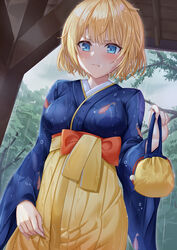  :t absurdres annoyed bag blonde_hair blue_eyes blue_kimono bob_cut branch closed_mouth female grey_sky hakama highres holding hololive hololive_english japanese_clothes kimono kuutamo long_sleeves outdoors pout rain short_hair sky solo tree v-shaped_eyebrows virtual_youtuber watson_amelia watson_amelia_(new_year) wet wet_clothes 