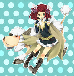  alchemist_(ragnarok_online) amistr_(ragnarok_online) animal_ears blue_background blue_gloves blush boots bow brown_cape brown_footwear cape commentary_request cross-laced_footwear dark_red_hair dog_ears dress elbow_gloves female fingerless_gloves flat_chest full_body fur_collar gloves green_eyes grey_dress hairbow highres looking_at_viewer open_mouth purple_bow ragnarok_online red_hair sheep short_dress short_hair smile strapless strapless_dress yutsuki 