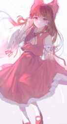  ascot bare_shoulders bloom bow brown_eyes brown_hair commentary detached_sleeves eyebrows_hidden_by_hair female foot_out_of_frame hair_tubes hairbow hakurei_reimu hand_on_own_face highres long_hair looking_at_viewer mary_janes midriff_peek parted_lips red_bow red_footwear red_skirt red_vest shoes sidelocks simple_background skirt skirt_hold skirt_set solo superdiviatomic touhou vest white_background white_legwear wide_sleeves yellow_ascot 