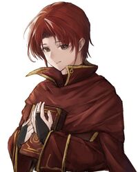  1boy azelle_(fire_emblem) book cape fire_emblem fire_emblem:_genealogy_of_the_holy_war gold_trim holding holding_book jewelry kandori_makoto long_sleeves looking_at_viewer male_focus red_eyes red_hair ring simple_background solo white_background 