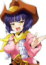  bad_id bad_twitter_id belt black_hair blush bombergirl bomberman breasts brown_hat commentary_request covered_nipples cowboy_hat female fringe_trim hat highres honey_(bomberman) large_breasts long_sleeves looking_at_viewer open_mouth pink_shirt scarf shimejinameko shirt short_hair simple_background smile smug solo teeth upper_body upper_teeth_only white_background yellow_eyes yellow_scarf 