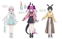  3girls :o absurdres alternate_costume aqua_eyes belt black_bow black_footwear black_hair blue_footwear blue_skirt bow breasts character_name churro collar cup curled_horns disposable_cup dragon_tail drinking_straw elizabeth_bathory_(fate) elizabeth_bathory_(fate/extra_ccc) eyes_visible_through_hair fate/extra fate/extra_ccc fate/grand_order fate_(series) feather_hair finger_cots full_body hair_over_one_eye hair_ribbon hanagata highres hood hoodie horns lineup long_hair long_skirt long_sleeves mary_janes mash_kyrielight medium_breasts multiple_girls neck_ribbon off-shoulder_shirt off_shoulder official_alternate_costume ortlinde_(fate) petals pink_collar pink_hair pink_shirt pointy_ears puffy_long_sleeves puffy_sleeves purple_eyes purple_hair purple_ribbon red_eyes reference_sheet ribbon shawl shirt shoes short_hair simple_background skirt sleeveless sleeveless_shirt smile sneakers socks standing tail two_side_up valkyrie_(fate) white_background white_shirt white_skirt yellow_hoodie 