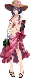  bikini black_hair female food fruit full_body hat highres kantai_collection kujou_ichiso long_hair official_art red_eyes ryuuhou_(kancolle) ryuuhou_kai_ni_(kancolle) sandals sarong solo source_request sun_hat swimsuit taigei_(kancolle) transparent_background watermelon 