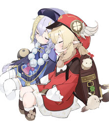  2girls backpack bag bead_necklace beads blonde_hair blush braid charm_(object) chinese_clothes closed_eyes clover commentary cropped_legs dodoco_(genshin_impact) dress four-leaf_clover genshin_impact gloves hair_between_eyes hair_ornament hat hat_feather highres jewelry klee_(genshin_impact) long_hair long_sleeves mint_(psmin30) multiple_girls necklace ofuda pointy_ears purple_hair purple_headwear qingdai_guanmao qiqi_(genshin_impact) red_dress red_headwear simple_background single_braid sleeping sleeping_upright symbol-only_commentary twintails white_background 