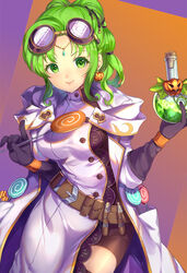  belt black_gloves breasts candy closed_mouth coke-bottle_glasses commentary_request eyewear_on_head female fire_emblem fire_emblem:_the_sacred_stones fire_emblem_heroes flask food glasses gloves green_eyes green_hair halloween halloween_costume holding holding_candy holding_food holding_lollipop jurge l&#039;arachel_(fire_emblem) l&#039;arachel_(halloween)_(fire_emblem) large_breasts lollipop simple_background smile solo 