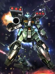  assault_visor asteroid blue_visor clenched_hand commentary_request explosion firing glowing gun gundam gundam_unicorn hiwa_industry holding holding_gun holding_weapon mecha mecha_focus missile_pod mobile_suit no_humans robot science_fiction solo_focus space stark_jegan weapon 