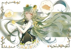  animal bad_id bad_pixiv_id bird black_bow black_bowtie border bow bowtie chick commentary commission cone_hair_bun crown duck_print extra_eyes female food green_hair hair_bun hairbow highres holding holding_animal long_hair mini_crown original pixiv_commission qianqianjie serious short_sleeves sidelocks slit_pupils solo symbol-only_commentary thinking thought_bubble turkey_(food) upper_body yellow_bow yellow_eyes 